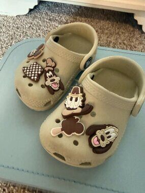 Beige Toddler Crocs with Neutral Disney Charms Size 4C